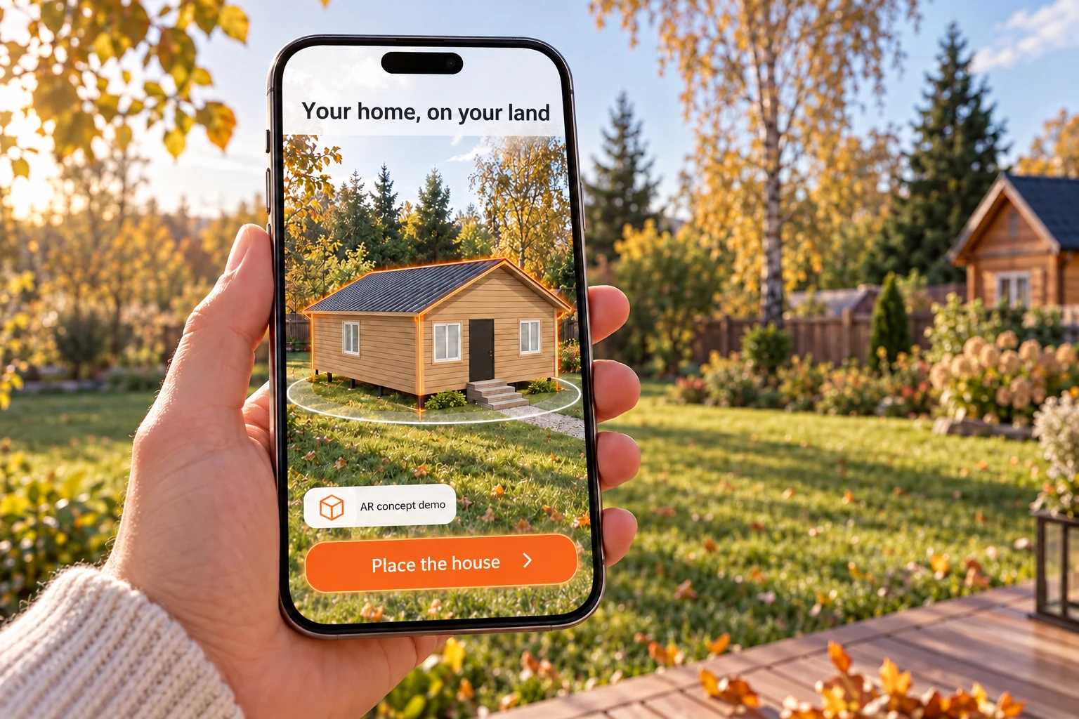 Illustration of an AR workflow: a virtual home placed on a plot through a phone camera