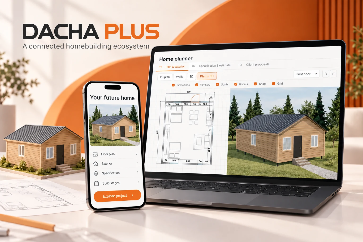 Staged mockup: a home planner on a laptop and a proposal on a phone