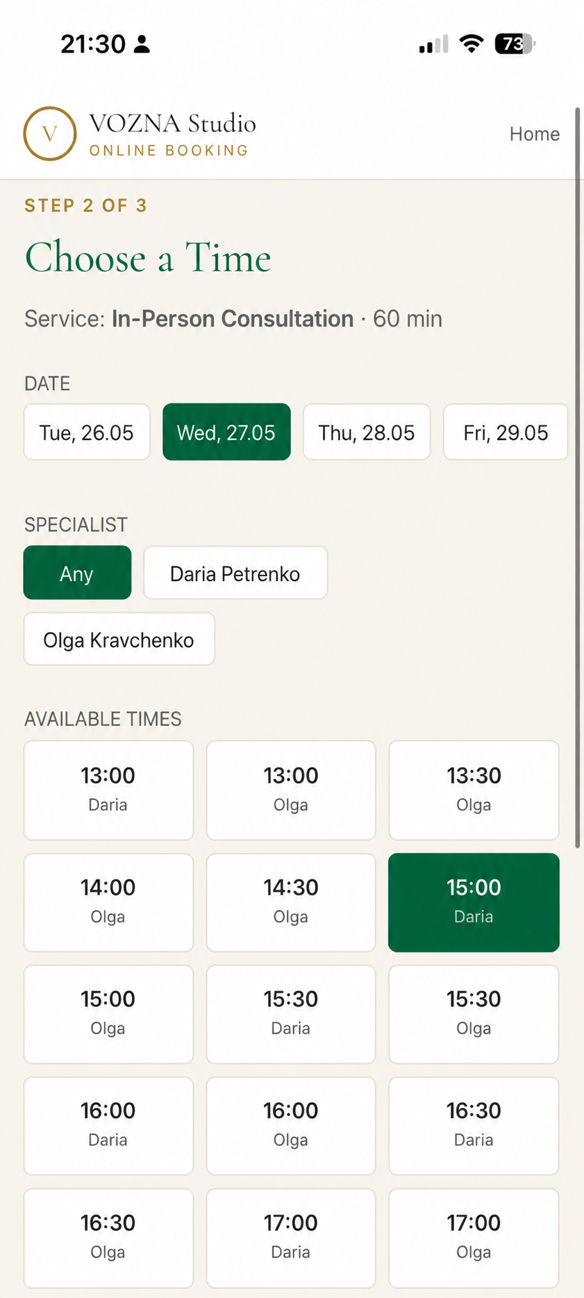 Online booking time